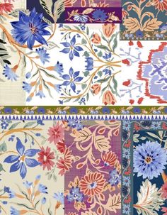 an assortment of colorful flowers and leaves on different fabrics, including blue, pink, green, purple