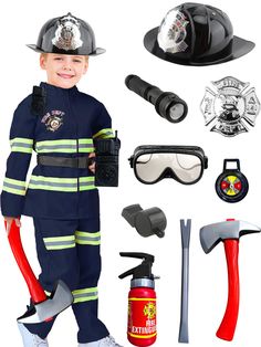 a young boy dressed up in fireman costume and accessories for his role as a firefighter