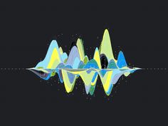 an abstract sound wave on a black background with blue, yellow and green shapes in the foreground