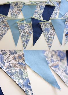 blue and white fabric buntings with flowers on them