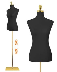 two mannequins with gold bases and black tops