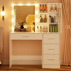 a white vanity with lights on it next to a bed and dresser in a room