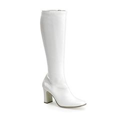 This retro inspired gogo stretch boot with three inch block heel and inside zipper for easy on and off is a great boot for costumes. Perfect for 1970s, Disco, Dance Teams, Cheerleaders, Mrs. Claus, Elves, theme parties, Halloween, cosplay, club nights and more! Other disco and Mrs. Claus costumes and accessories are sold separately on our page – subject to availability. White Stretch Poly Knee High Boot Block Heel Women's Sizes Medium Width - Wide Calf not Wide Shoe For men's size conversion add 70s Boots, Exotic Shoes, Heel Stretch, Gogo Dancer, Glam Chic, Pleaser Shoes, Hippie Costume, Gogo Boots, Costume Shoes