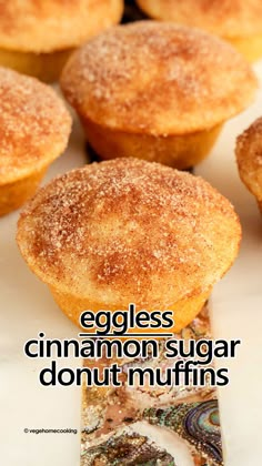 cinnamon sugar donut muffins on a plate with the words, eggless cinnamon sugar donut muffins