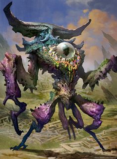 an artistic painting of a creature with horns and flowers on its back, in the middle of