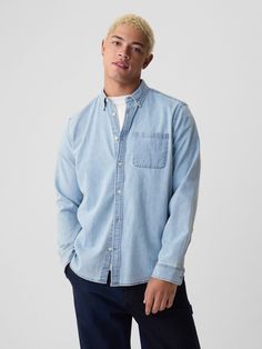 Soft denim knit.  Long sleeves.  Button-front collar.  Front patch pocket at chest.  Straight silhouette with a relaxed fit.  Hits at the hip.  Marco is 6�2/188cm with a 31�/79cm waist and 33�/84cm inseam wearing a regular Gap Medium Wash Relaxed Fit Button-up Shirt, Button-up Denim Top With Patch Pockets, Classic Collared Denim Top With Pockets, Gap Shirt With Pockets For Spring, Gap Tops With Button Closure, Classic Denim Top With Pockets For Everyday, Classic Everyday Denim Top With Pockets, Gap Relaxed Fit Top With Button Closure, Gap Relaxed Fit Shirt For Everyday Wear