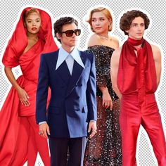 four models in red and blue outfits with one man wearing a tuxedo, the other a suit