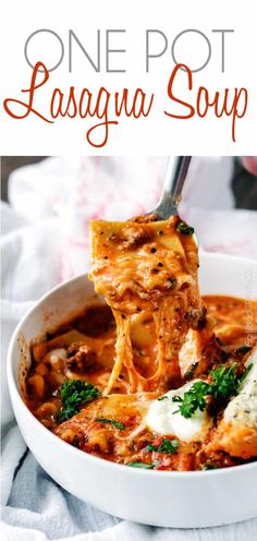 one pot lasagna soup in a white bowl