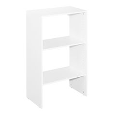 a white book shelf with two shelves on each side and an open door at the top