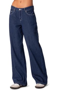 Polished pinstripes add a refined element to traditionally casual jeans cut with baggy wide legs in a Y2K-inspired low-rise silhouette. Zip fly with button closure Five-pocket style 100% cotton Machine wash, line dry Imported 90s Clothing Style 1990s, Jeans Pacsun, Striped Denim, Thrift Inspo, Jeans Low Rise, Awesome Sauce, Jeans Low, Striped Jeans, Mode Inspo