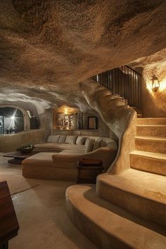 a living room filled with lots of furniture next to a stair case in a cave