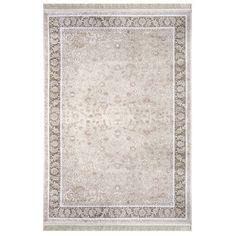 a beige rug with an ornate border on the top and bottom, in front of a white background