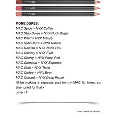 Handy key for MAC lipliner dupes! Mac Lipliner, Nyx Lip Liner, Mac Lip Liner, Nyx Lip, Best Mac, Makeup Obsession