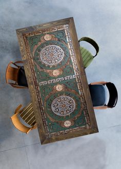 an overhead view of a table and chairs