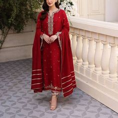 ✨KURTA This beautiful elegant deep red kurti has embellished with sequin beads and zari hand embroidery. ✨BOTTOM It has straight silk pant ✨DUPATTA Dupatta has beautiful lace  detailing on all for sides.  ✨This dress can be customise in any other colour and in all size, please contact us regarding any changes if you want.We will make this dress as per your choice. ✨We use high quality fabric and threads for embroidery.You won't face any problem in future regarding fading of colour or anything. You can use this outfit for many years.  ✨ Our dresses take little longer time, we take care of every minute details while manufacturing, so that our customers get full satisfaction when they receive the dress.  Your patience is important.  ✨There may be slight colour difference due high camera resol Red Heavy Suit, Red Designer Suits Indian, Pakistani Red Suit, Heavy Indian Suits, Heavy Suits For Wedding, Pakistani Nikah Dress, Heavy Pakistani Suits Party Wear, Red Pakistani Dress, Red Pakistani Suit