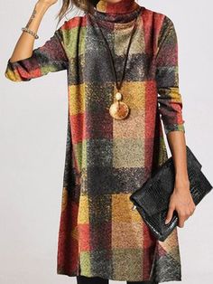 Vintage Turtleneck Long Sleeve Check Dress linen dresses top tops High Neckline Dress, High Collar Dress, Dress Winter, Shift Dresses, Winter Pullover, Check Dress, Maxi Robes, Long Sleeve Turtleneck, Vintage Plaid