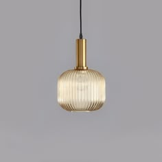 a gold colored pendant light hanging from a black cord on a gray wall with a white background