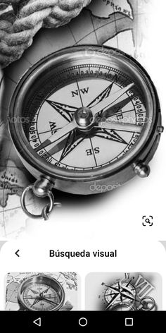 a black and white photo of a compass on top of a map with the caption busqueda visual