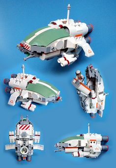 four different models of a space ship on a blue background