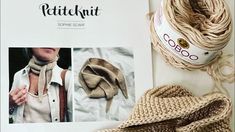 the knitting book is open to show pictures of knitted scarves and yarns