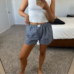 Viral Shorts Never Worn Elastic Waist Blue And White Gingham Check Boxers Pull On Pattern Shorts, Blue And White Gingham, Navy Gingham, Viral Shorts, Gingham Check, Boxer Shorts, Pajama Shorts, Patterned Shorts, Gingham