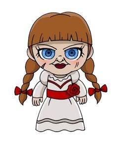 a cartoon girl with big blue eyes wearing a white dress and red ribbon around her neck