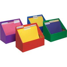 three different colored file boxes with dividers