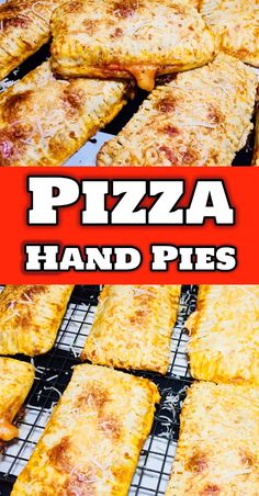 pizza hand pies sitting on top of a grill with the words pizza hand pies above them