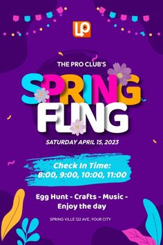 the spring fling flyer is shown with colorful flowers and leaves on purple, blue, green,