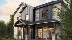 an artist's rendering of a two - story house with stone and wood accents