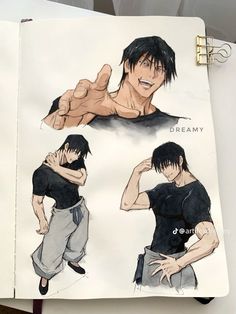 an open book with drawings of people in black shirts and jeans, one holding his hand up