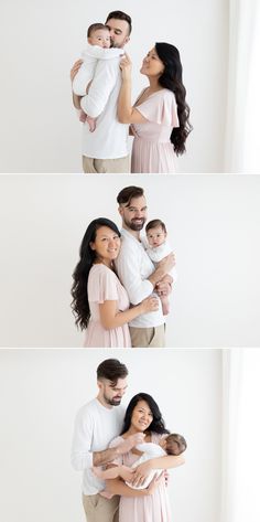 the family poses for their newborn photos in three different pictures, including an adult holding a baby