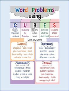 the word problems using cubes are shown in this poster, which includes multiple words and numbers