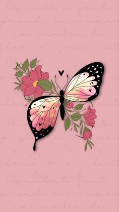 a pink and black butterfly with flowers on it