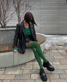 Color Tights Outfit, Colorful Tights Outfit, Colored Tights Outfit, Green Tights, Tights Outfits, Stockings Outfit, Green With Envy, Opaque Tights, Tights Outfit