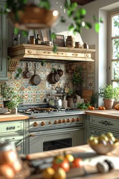 an image of a kitchen setting with pots and pans on the stove top oven