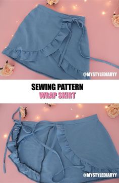 sewing pattern wrap skirt with ruffles on the bottom and side, in two different ways