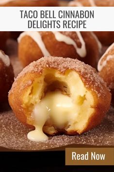 a close up of doughnuts with icing on them and the words taco bell cinnamon delights recipe