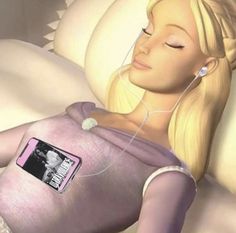 a painting of a woman laying in bed with headphones on her ears and an electronic device attached to her stomach