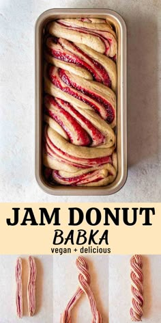 jam donut bake in a metal pan with bacon wrapped around it and the title overlay reads, jam donut bake vegan + delicious