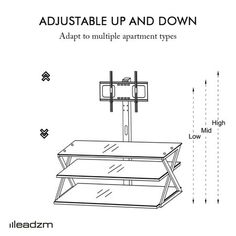 the adjustable up and down tv stand is shown with measurements for each piece in it