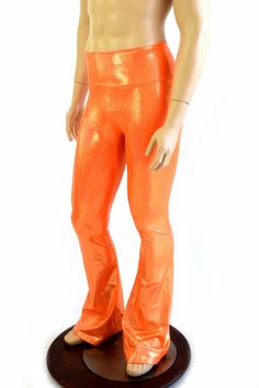 Mens Orange Sparkly Jewel Holographic Bootcut Spandex Pants Rockstar Rave Festival Yoga Leggings Dis Like A Rockstar, Spandex Pants, Rave Festival, Lower Leg, Olive Branch, Small Chest, Comfy Fits, Yoga Leggings, High Waisted Shorts