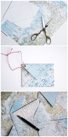 some scissors are sitting on top of a map and it's cut into pieces