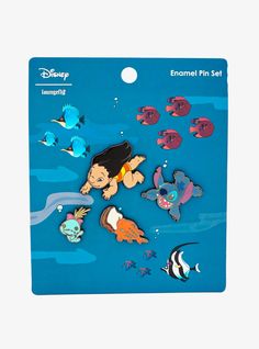 disney pin set featuring pooh, tiki and other cartoon characters on a blue background