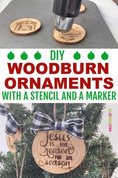 Learn how to make gorgeous wood burned ornaments with a stencil and a markerIn the video you'll be able to watch this transformation take placeFinish off with a bow and How To Etch Wood With Cricut, Scorch Paste Recipe, How To Burn Wood Diy, Burnt Wood Ornaments, How To Engrave Wood With Cricut, Engraving Wood With Cricut Maker, Simple Wood Burning Patterns, Wood Burning Signs, Diy Wood Engraving