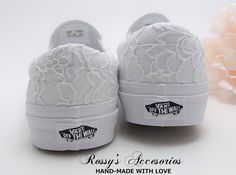 "Beautiful and Romantic wedding  sneakers is a perfect accessory for your Special day.. These White Slip On Authentic Vans , are covered with White Lace .  Handmade to order, so please allow me enough time before your wedding date. Orders are processed and shipped within 6-7 WEEKS of payment., large orders, may take longer ..Please allow 2-5 days additional and Domestic Shipping will take 2-5 Business days.  RUSH ORDERS ARE AVAILABLE **Please read all \"shop policies\" before placing your order* Vans Shoes Wedding, Bridal Vans, Vans Wedding, Lace Vans, Sneakers For Bride, Wedding Tennis Shoes, Wedding Sneakers For Bride, Ribbon Shoe Laces, Wedding Vans