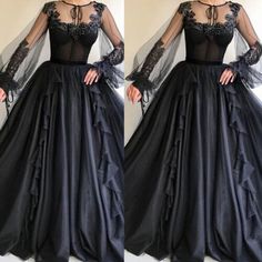 two pictures of a woman wearing a black dress with sheer sleeves and an open back