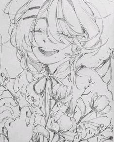 a drawing of a girl with flowers in her hand