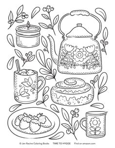 coloring page with teapots, cakes and other things to color on the table