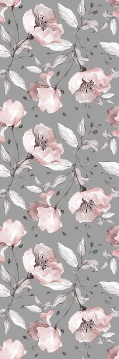 a gray and pink floral wallpaper with leaves